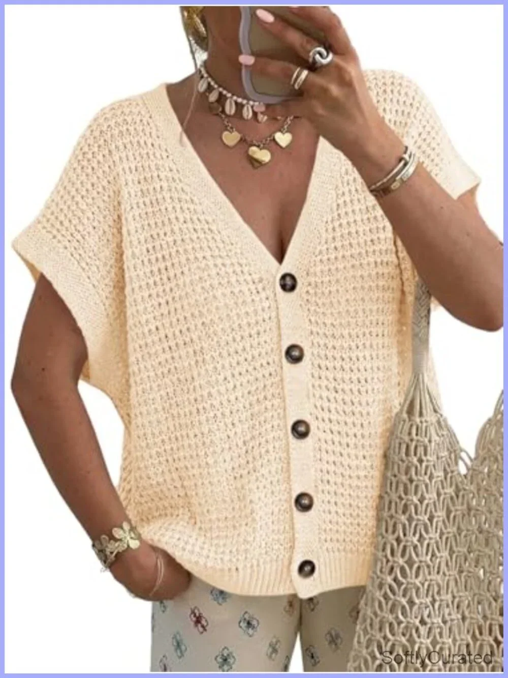 Short Sleeve Crochet Cardigan Sweater V-Neck Button Down Beach Cover Up